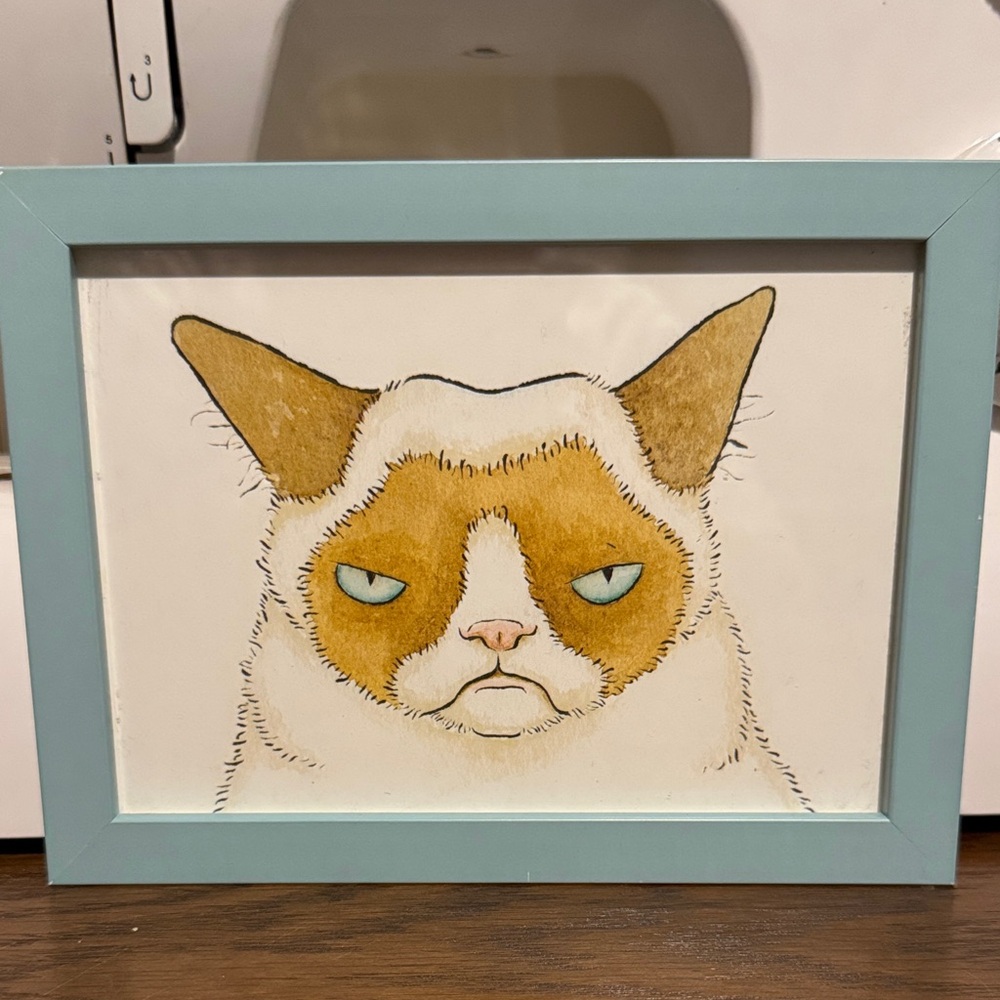 Framed Cat Illustration with Blue Frame